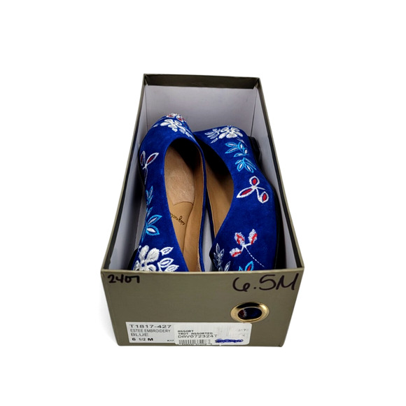 Trotters Estee Embroidered Suede Flats Blue Floral Leather Slip-On Ballet Shoes - Picture 6 of 6